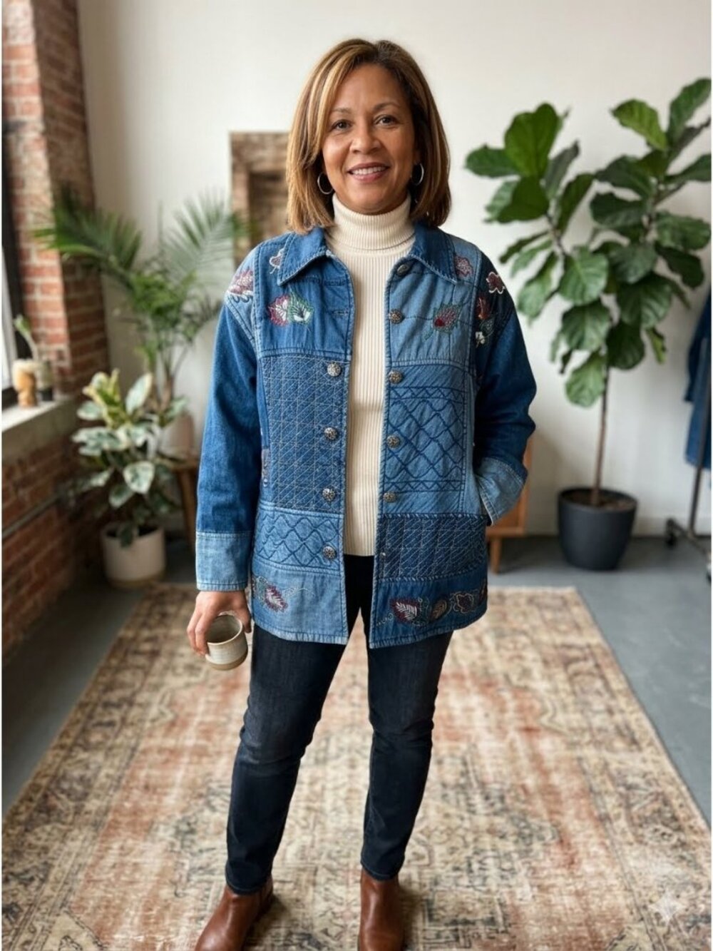 Vintage Womens Patchwork Denim Jacket Blazer XXXL Embroidered Cottage Hippie 70s